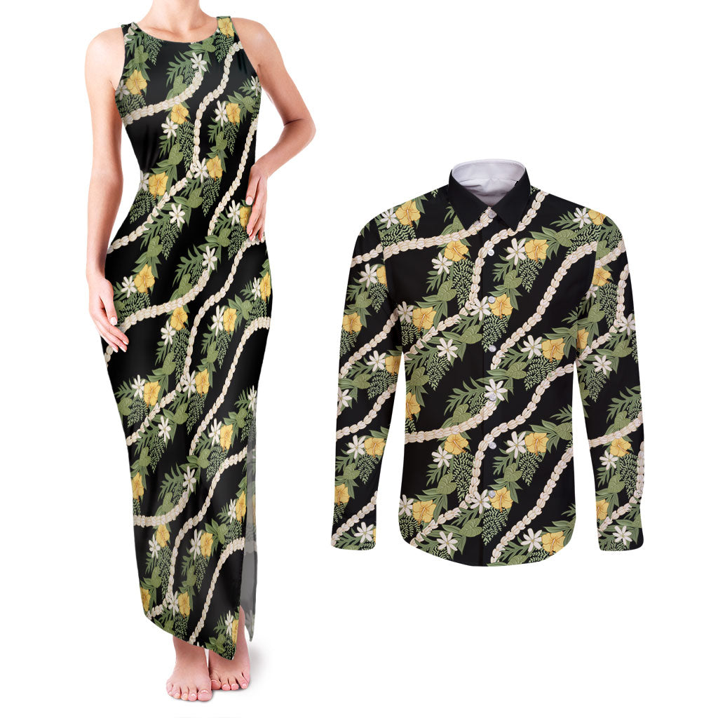Hawaiian Pikake Maile Lei Couples Matching Tank Maxi Dress and Long Sleeve Button Shirt Tiare Hibiscus Kalo Palapalai Leaf Black LT19 Black - Polynesian Pride