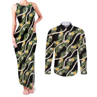 Hawaiian Pikake Maile Lei Couples Matching Tank Maxi Dress and Long Sleeve Button Shirt Tiare Hibiscus Kalo Palapalai Leaf Black LT19 Black - Polynesian Pride