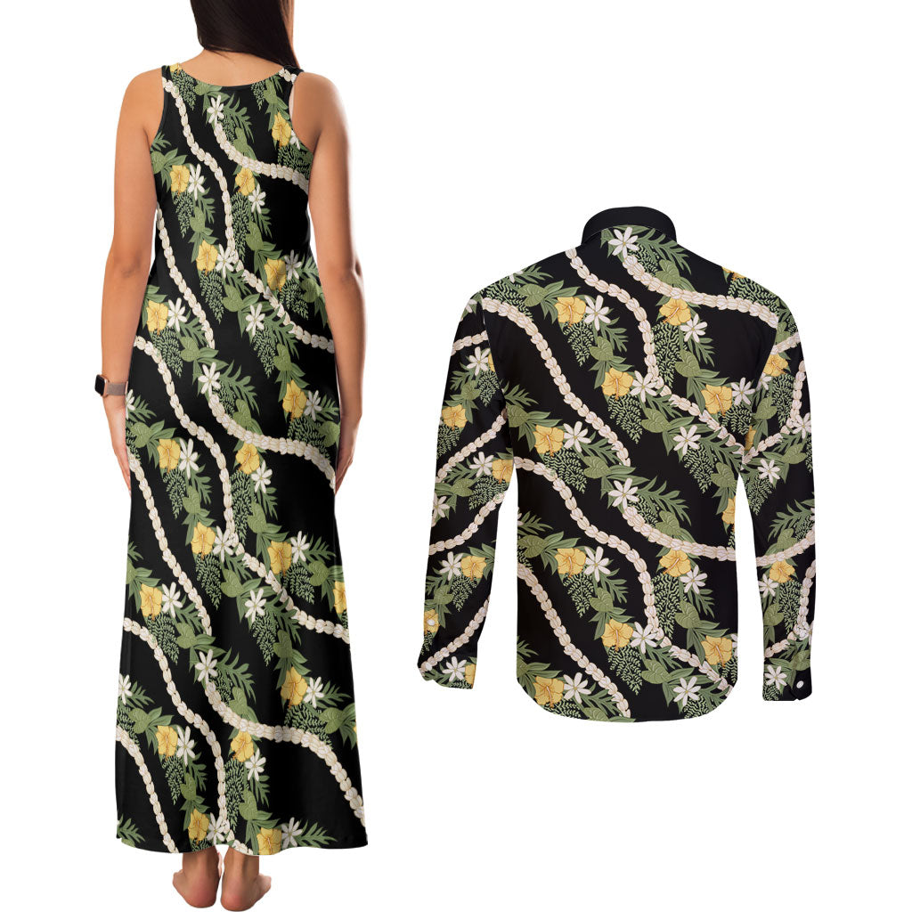 Hawaiian Pikake Maile Lei Couples Matching Tank Maxi Dress and Long Sleeve Button Shirt Tiare Hibiscus Kalo Palapalai Leaf Black LT19 - Polynesian Pride