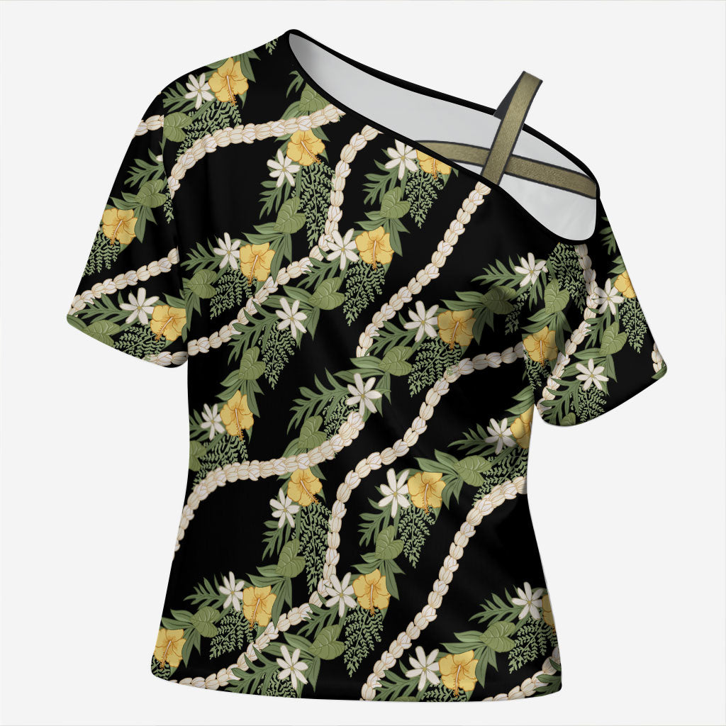 Hawaiian Pikake Maile Lei Cross Shoulder Shirt Tiare Hibiscus Kalo Palapalai Leaf Black LT19 Female Black - Polynesian Pride