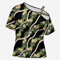 Hawaiian Pikake Maile Lei Cross Shoulder Shirt Tiare Hibiscus Kalo Palapalai Leaf Black LT19 Female Black - Polynesian Pride