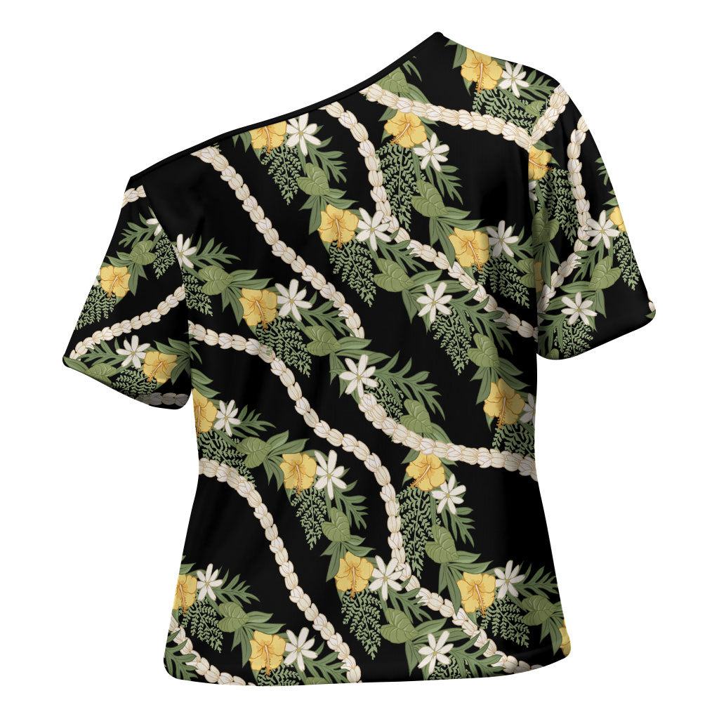 Hawaiian Pikake Maile Lei Cross Shoulder Shirt Tiare Hibiscus Kalo Palapalai Leaf Black LT19 - Polynesian Pride