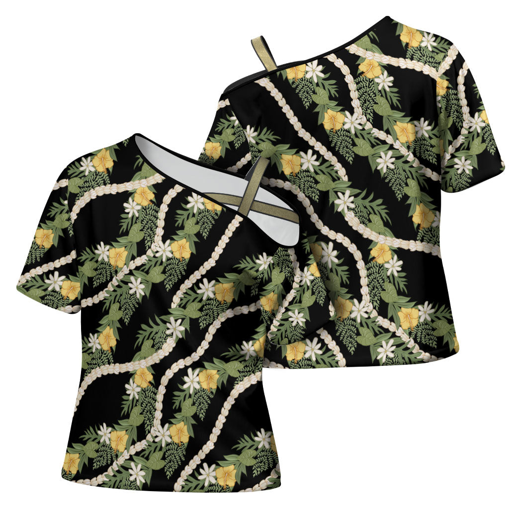 Hawaiian Pikake Maile Lei Cross Shoulder Shirt Tiare Hibiscus Kalo Palapalai Leaf Black LT19 - Polynesian Pride