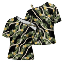 Hawaiian Pikake Maile Lei Cross Shoulder Shirt Tiare Hibiscus Kalo Palapalai Leaf Black LT19 - Polynesian Pride