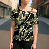 Hawaiian Pikake Maile Lei Cross Shoulder Shirt Tiare Hibiscus Kalo Palapalai Leaf Black LT19 - Polynesian Pride