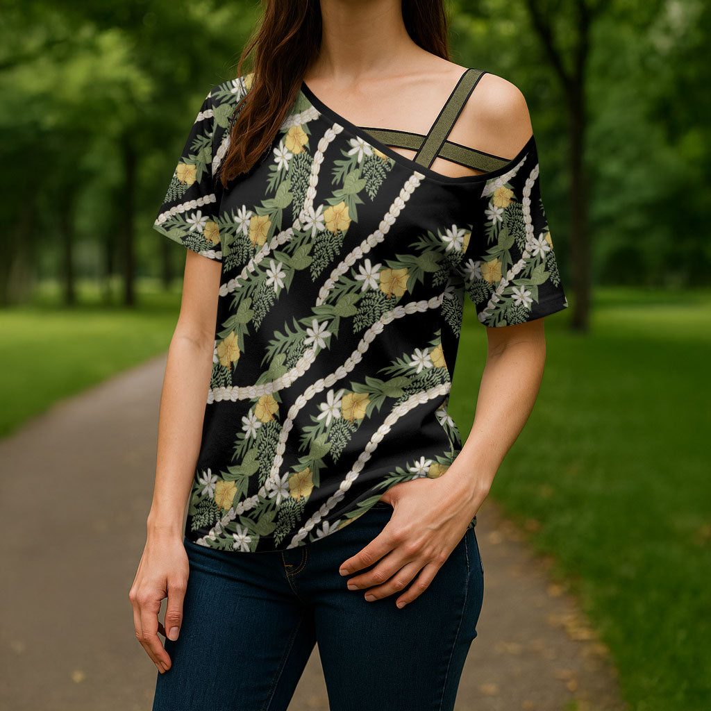 Hawaiian Pikake Maile Lei Cross Shoulder Shirt Tiare Hibiscus Kalo Palapalai Leaf Black LT19 - Polynesian Pride