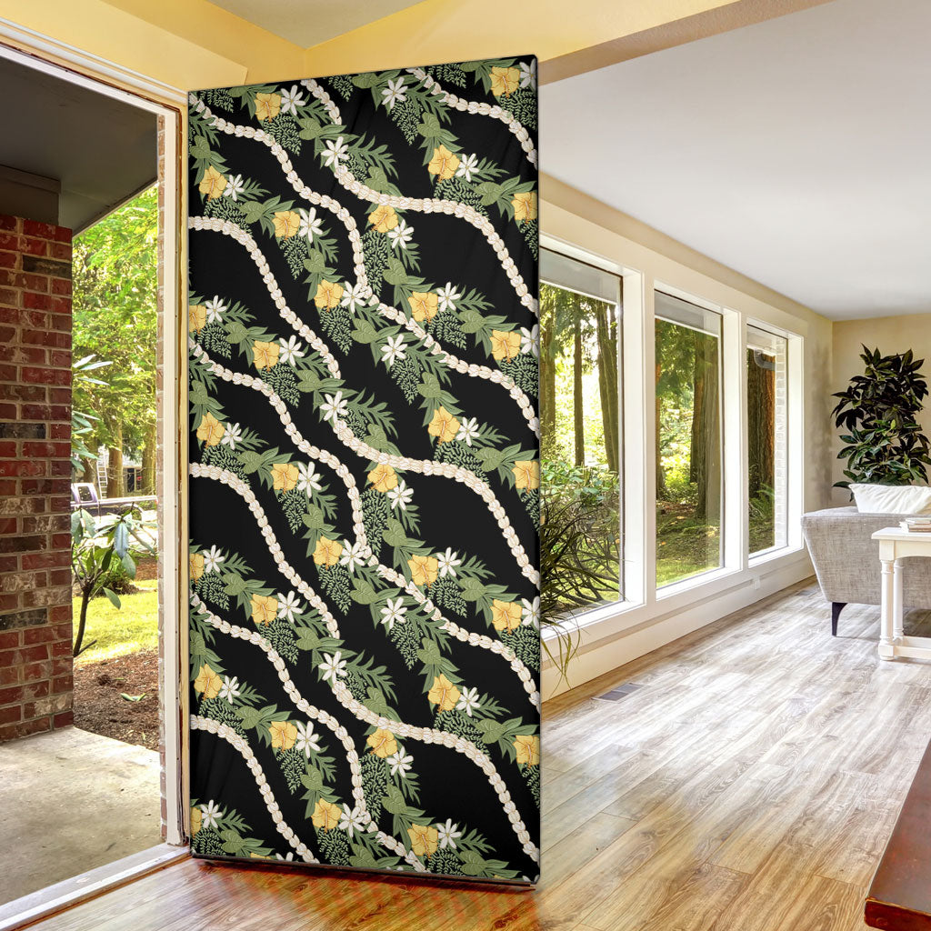 Hawaiian Pikake Maile Lei Door Cover Tiare Hibiscus Kalo Palapalai Leaf Black