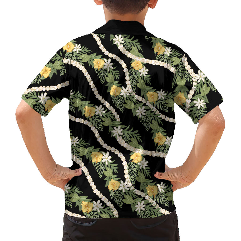 Hawaiian Pikake Maile Lei Family Matching Off Shoulder Maxi Dress and Hawaiian Shirt Tiare Hibiscus Kalo Palapalai Leaf Black LT19 - Polynesian Pride