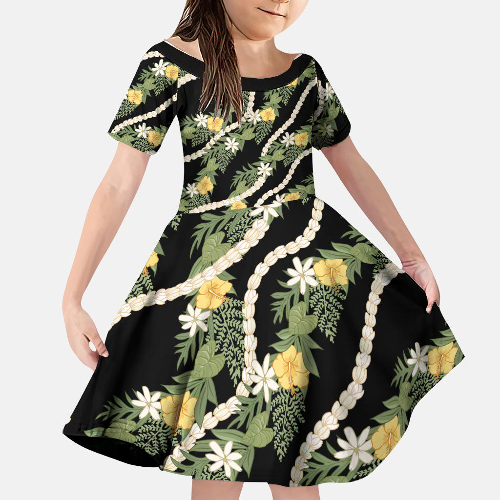 Hawaiian Pikake Maile Lei Family Matching Off Shoulder Maxi Dress and Hawaiian Shirt Tiare Hibiscus Kalo Palapalai Leaf Black LT19 Daughter's Dress Black - Polynesian Pride