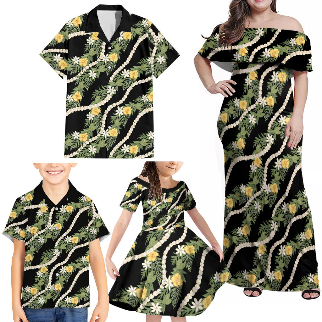 Hawaiian Pikake Maile Lei Family Matching Off Shoulder Maxi Dress and Hawaiian Shirt Tiare Hibiscus Kalo Palapalai Leaf Black LT19 - Polynesian Pride