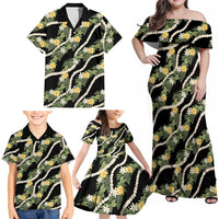 Hawaiian Pikake Maile Lei Family Matching Off Shoulder Maxi Dress and Hawaiian Shirt Tiare Hibiscus Kalo Palapalai Leaf Black LT19 - Polynesian Pride
