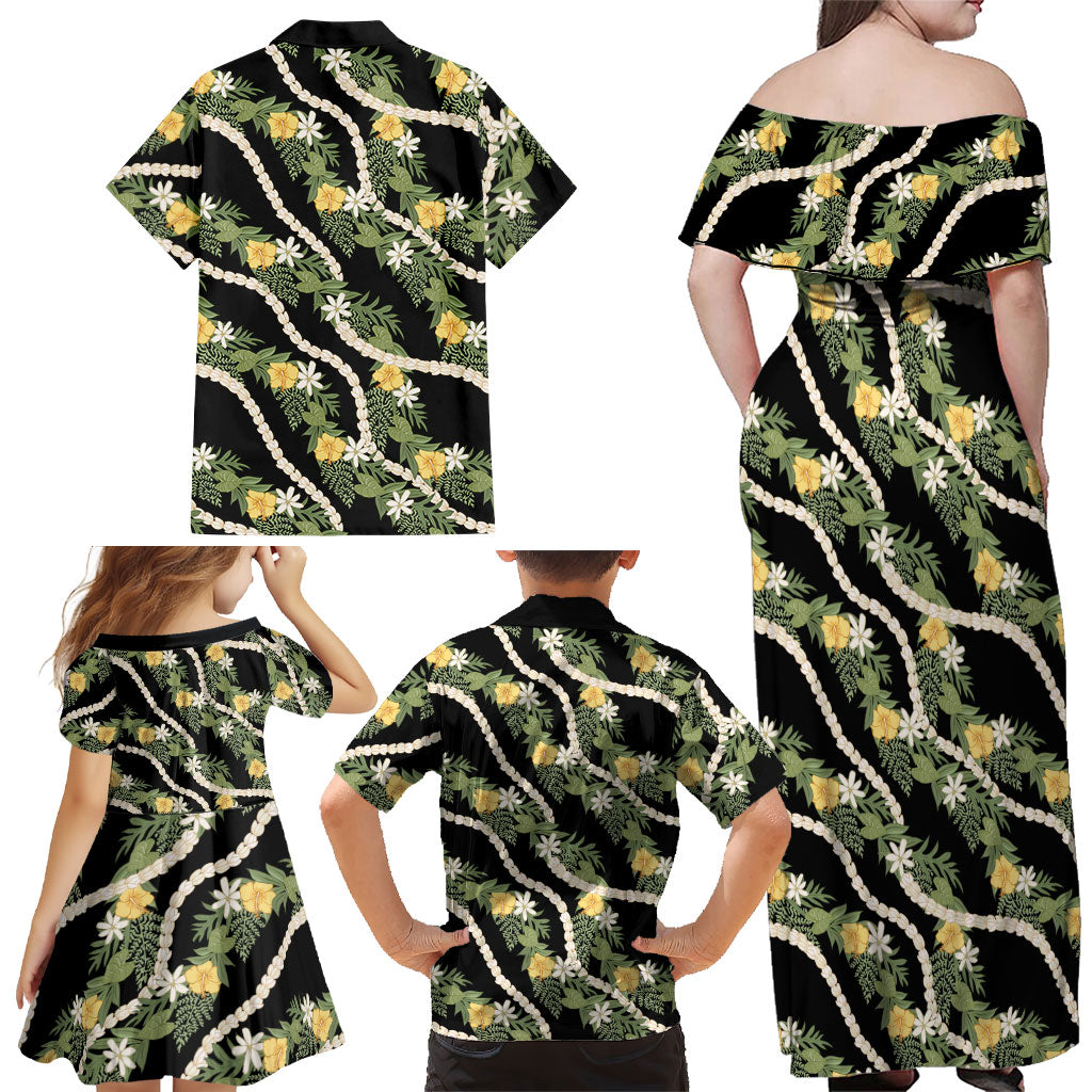 Hawaiian Pikake Maile Lei Family Matching Off Shoulder Maxi Dress and Hawaiian Shirt Tiare Hibiscus Kalo Palapalai Leaf Black LT19 - Polynesian Pride