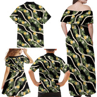 Hawaiian Pikake Maile Lei Family Matching Off Shoulder Maxi Dress and Hawaiian Shirt Tiare Hibiscus Kalo Palapalai Leaf Black LT19 - Polynesian Pride