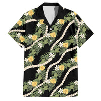 Hawaiian Pikake Maile Lei Family Matching Off Shoulder Maxi Dress and Hawaiian Shirt Tiare Hibiscus Kalo Palapalai Leaf Black LT19 Dad's Shirt - Short Sleeve Black - Polynesian Pride