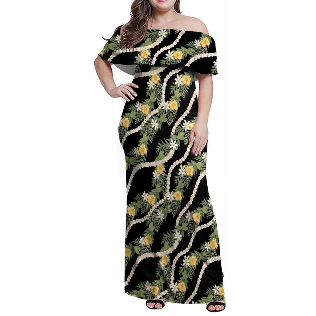 Hawaiian Pikake Maile Lei Family Matching Off Shoulder Maxi Dress and Hawaiian Shirt Tiare Hibiscus Kalo Palapalai Leaf Black LT19 Mom's Dress Black - Polynesian Pride