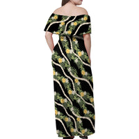 Hawaiian Pikake Maile Lei Family Matching Off Shoulder Maxi Dress and Hawaiian Shirt Tiare Hibiscus Kalo Palapalai Leaf Black LT19 - Polynesian Pride