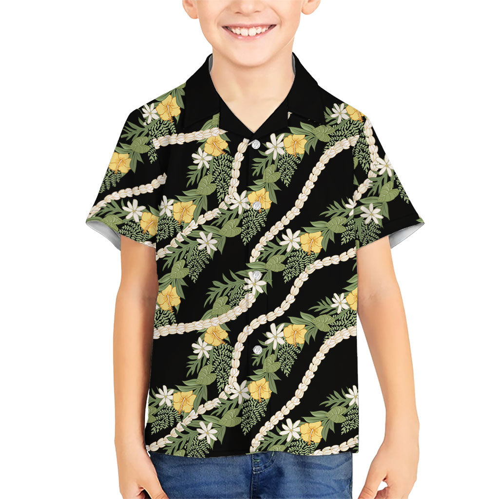 Hawaiian Pikake Maile Lei Family Matching Off Shoulder Maxi Dress and Hawaiian Shirt Tiare Hibiscus Kalo Palapalai Leaf Black LT19 Son's Shirt Black - Polynesian Pride