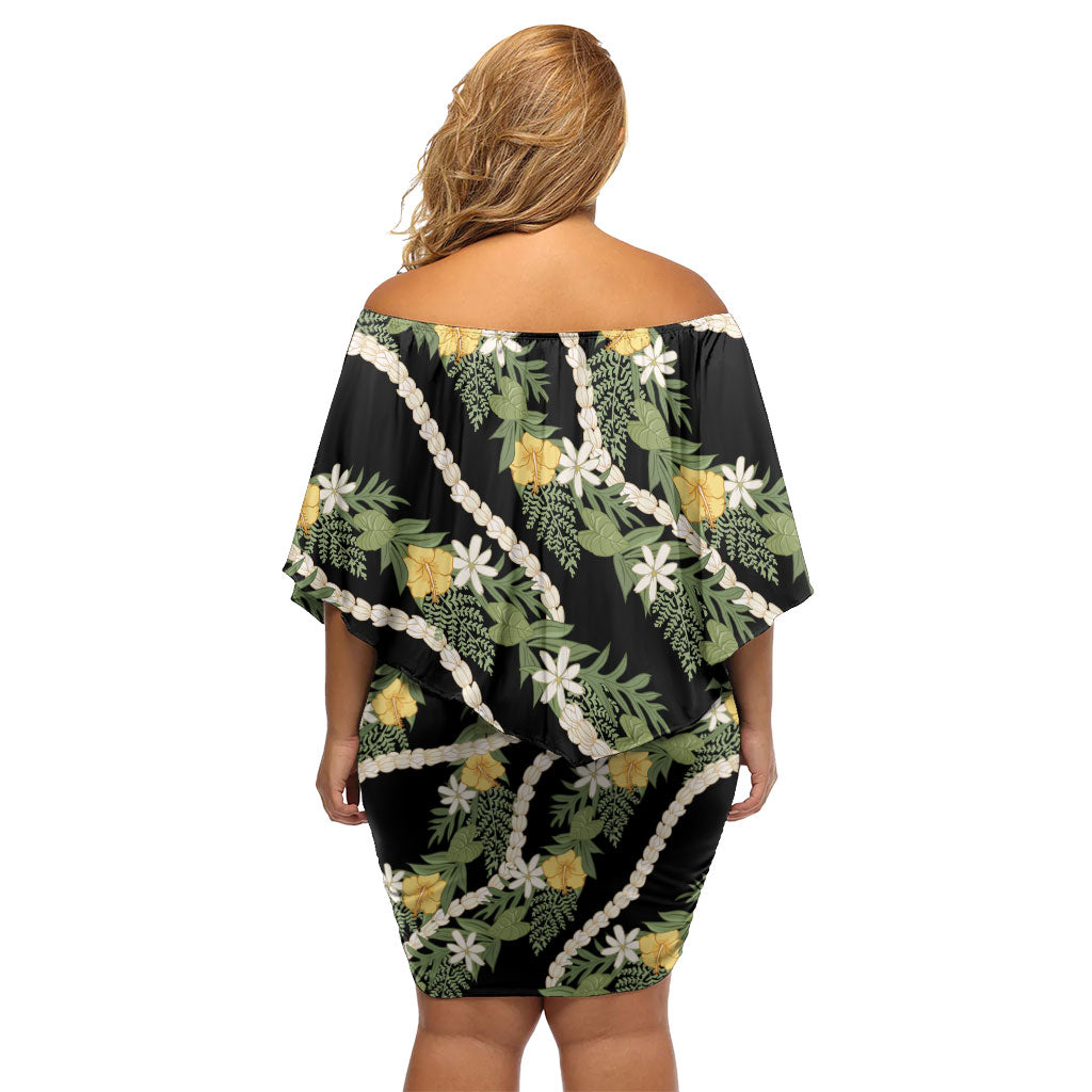 Hawaiian Pikake Maile Lei Family Matching Off Shoulder Short Dress and Hawaiian Shirt Tiare Hibiscus Kalo Palapalai Leaf Black