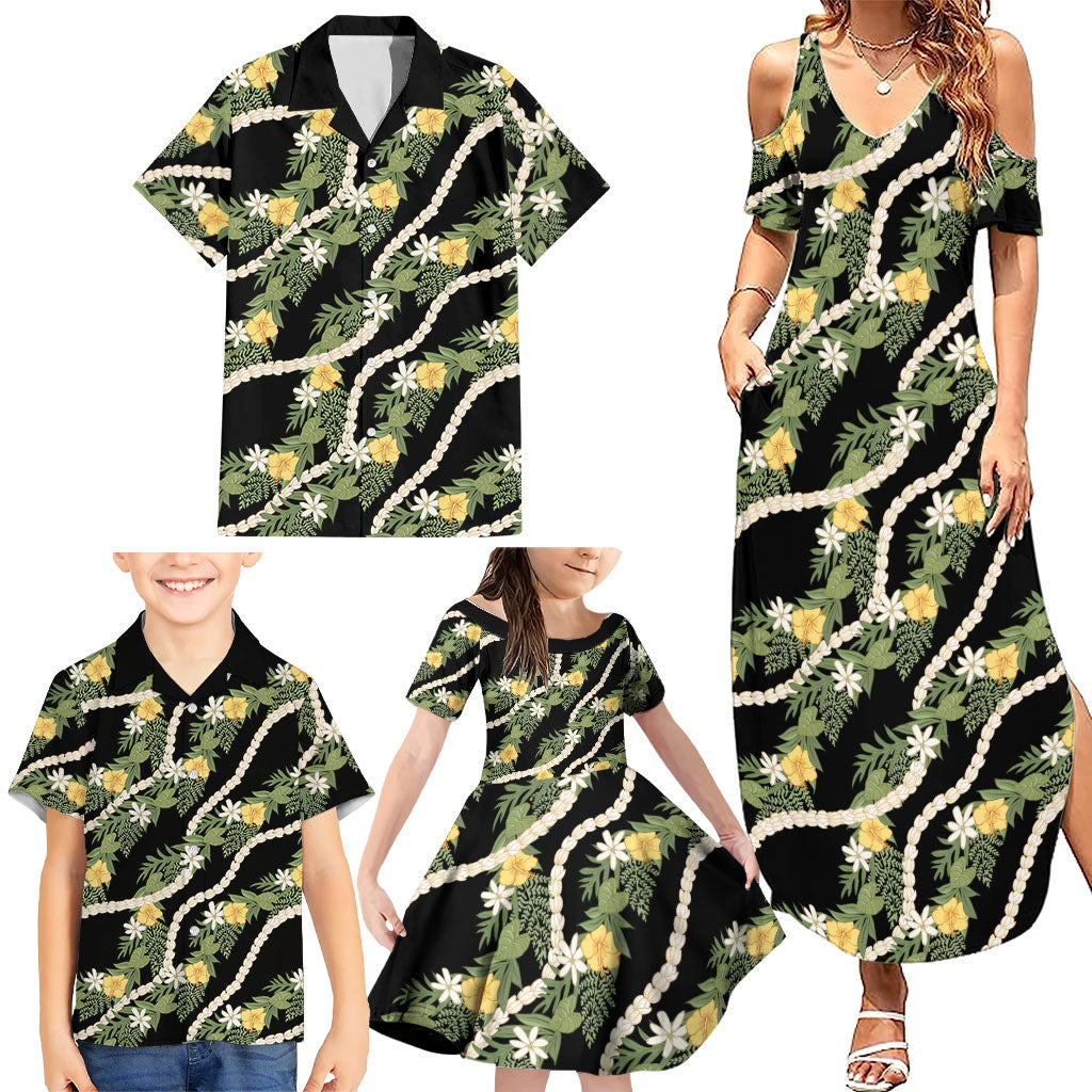 Hawaiian Pikake Maile Lei Family Matching Summer Maxi Dress and Hawaiian Shirt Tiare Hibiscus Kalo Palapalai Leaf Black LT19 - Polynesian Pride