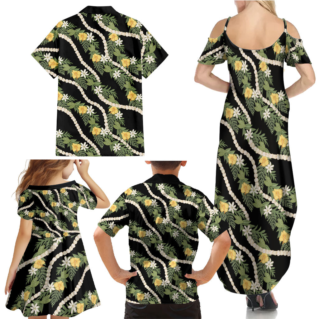 Hawaiian Pikake Maile Lei Family Matching Summer Maxi Dress and Hawaiian Shirt Tiare Hibiscus Kalo Palapalai Leaf Black LT19 - Polynesian Pride