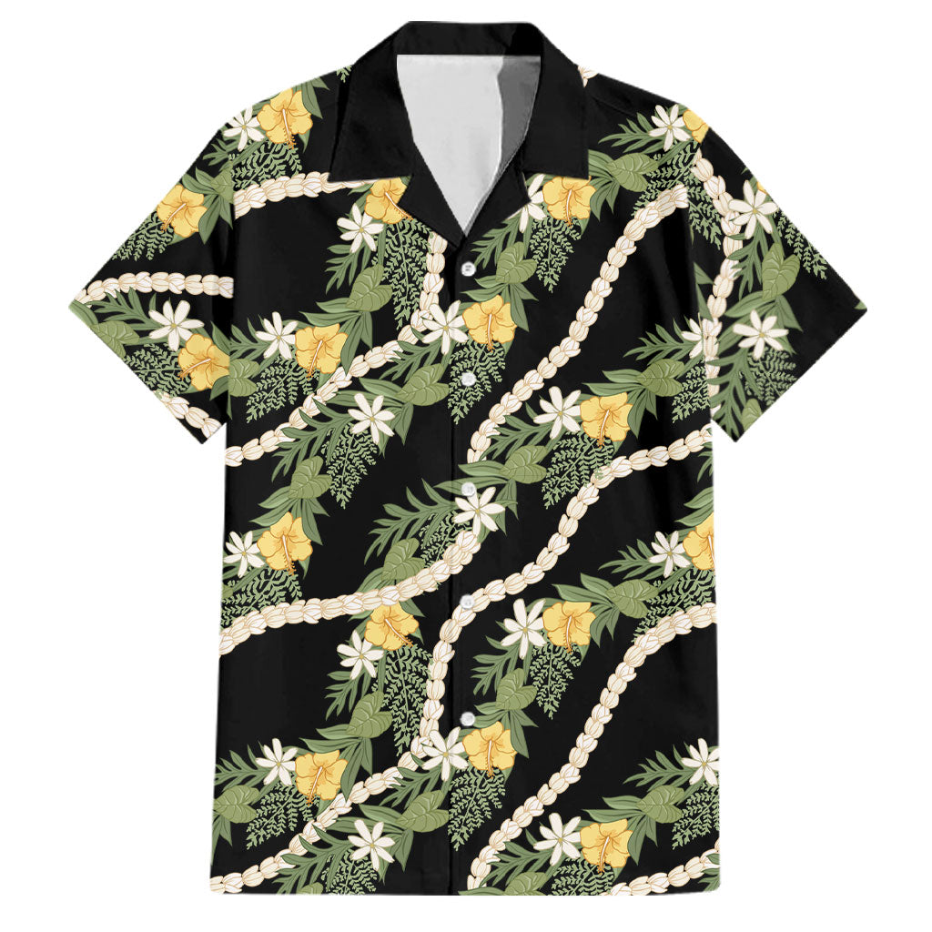 Hawaiian Pikake Maile Lei Family Matching Summer Maxi Dress and Hawaiian Shirt Tiare Hibiscus Kalo Palapalai Leaf Black LT19 Dad's Shirt - Short Sleeve Black - Polynesian Pride