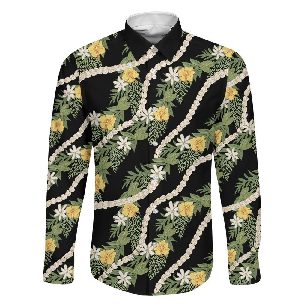 Hawaiian Pikake Maile Lei Family Matching Summer Maxi Dress and Hawaiian Shirt Tiare Hibiscus Kalo Palapalai Leaf Black LT19 Dad's Shirt - Long Sleeve Black - Polynesian Pride