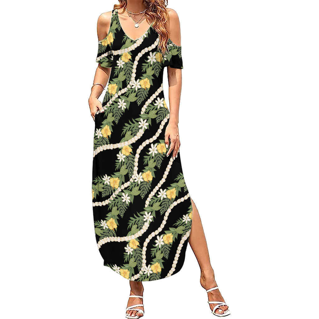 Hawaiian Pikake Maile Lei Family Matching Summer Maxi Dress and Hawaiian Shirt Tiare Hibiscus Kalo Palapalai Leaf Black LT19 Mom's Dress Black - Polynesian Pride