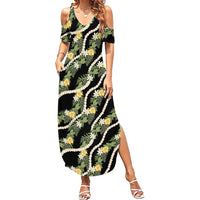 Hawaiian Pikake Maile Lei Family Matching Summer Maxi Dress and Hawaiian Shirt Tiare Hibiscus Kalo Palapalai Leaf Black LT19 Mom's Dress Black - Polynesian Pride