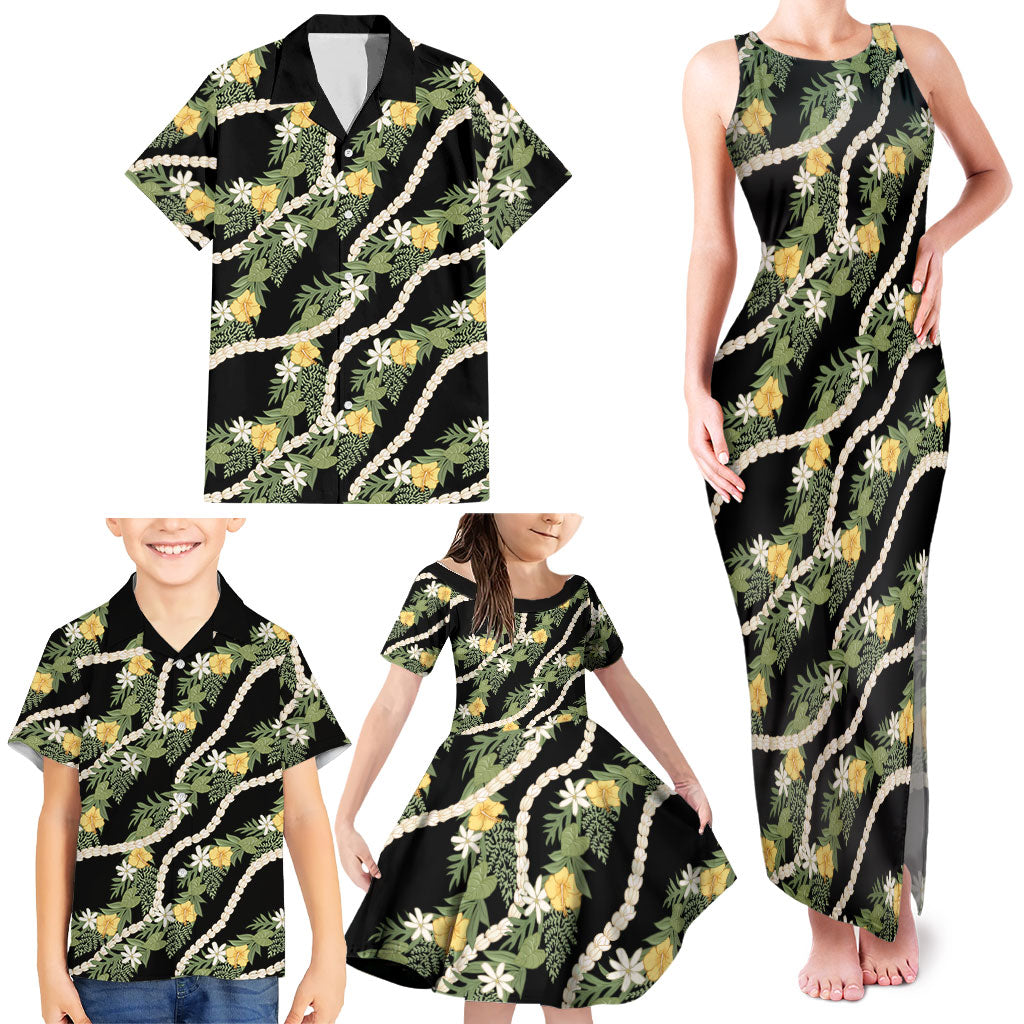 Hawaiian Pikake Maile Lei Family Matching Tank Maxi Dress and Hawaiian Shirt Tiare Hibiscus Kalo Palapalai Leaf Black LT19 - Polynesian Pride