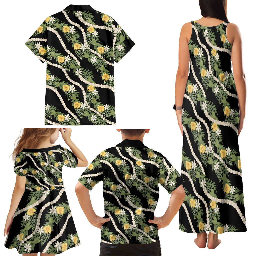 Hawaiian Pikake Maile Lei Family Matching Tank Maxi Dress and Hawaiian Shirt Tiare Hibiscus Kalo Palapalai Leaf Black LT19 - Polynesian Pride