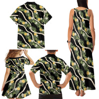 Hawaiian Pikake Maile Lei Family Matching Tank Maxi Dress and Hawaiian Shirt Tiare Hibiscus Kalo Palapalai Leaf Black LT19 - Polynesian Pride