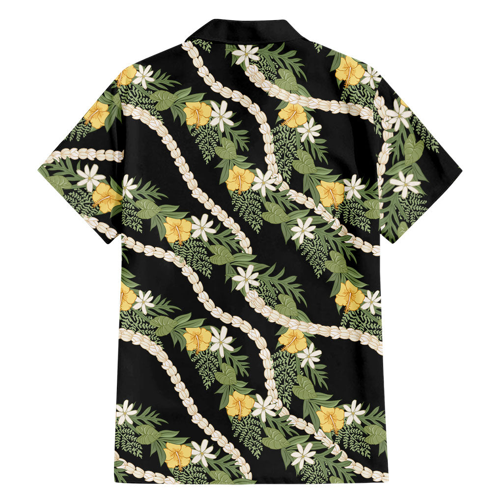 Hawaiian Pikake Maile Lei Family Matching Tank Maxi Dress and Hawaiian Shirt Tiare Hibiscus Kalo Palapalai Leaf Black LT19 - Polynesian Pride