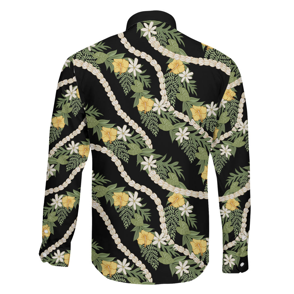 Hawaiian Pikake Maile Lei Family Matching Tank Maxi Dress and Hawaiian Shirt Tiare Hibiscus Kalo Palapalai Leaf Black LT19 - Polynesian Pride