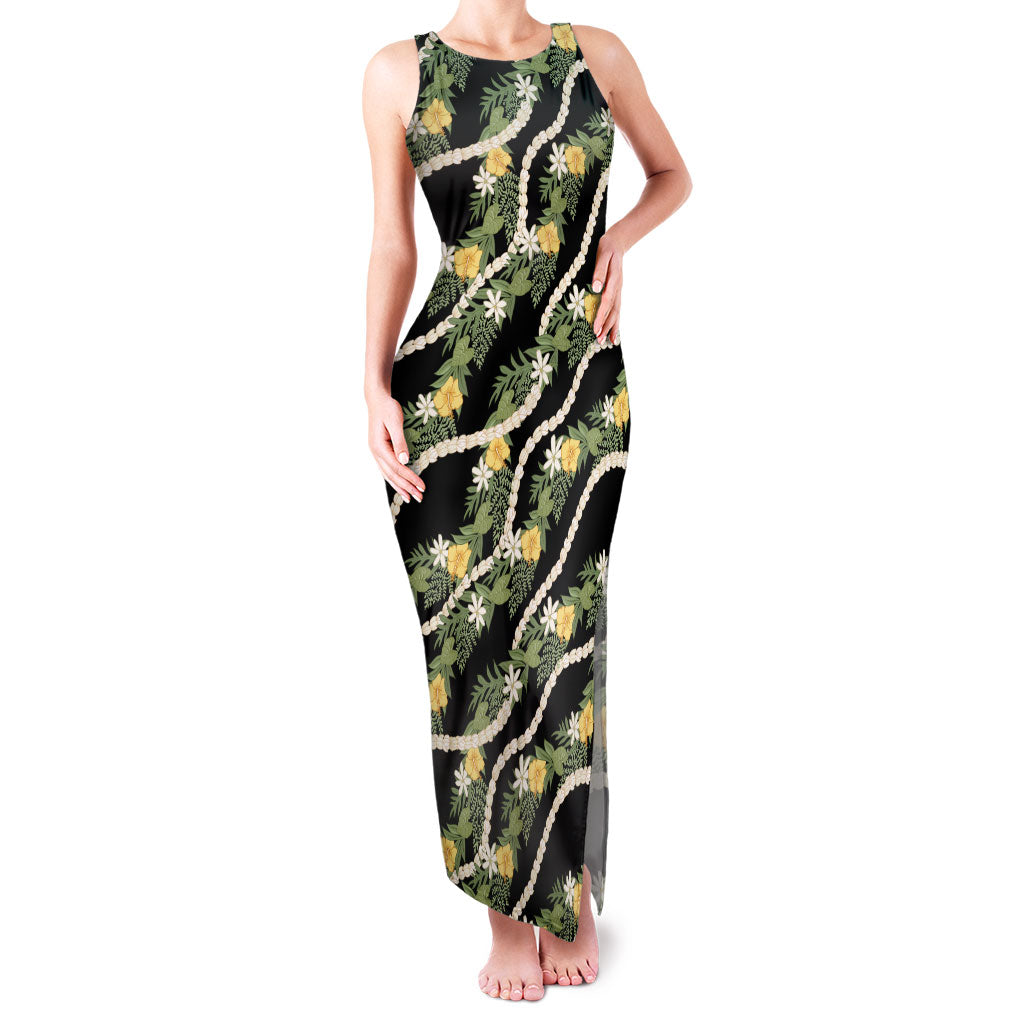 Hawaiian Pikake Maile Lei Family Matching Tank Maxi Dress and Hawaiian Shirt Tiare Hibiscus Kalo Palapalai Leaf Black LT19 Mom's Dress Black - Polynesian Pride