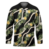 Hawaiian Pikake Maile Lei Hockey Jersey Tiare Hibiscus Kalo Palapalai Leaf Black