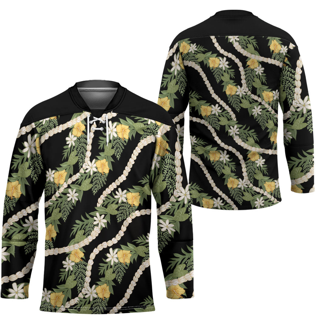 Hawaiian Pikake Maile Lei Hockey Jersey Tiare Hibiscus Kalo Palapalai Leaf Black