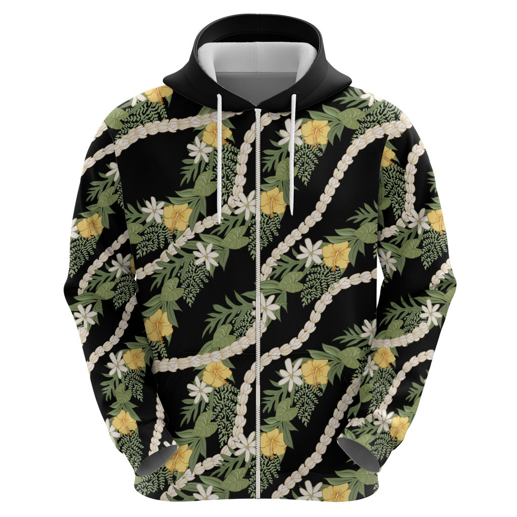 Hawaiian Pikake Maile Lei Hoodie Tiare Hibiscus Kalo Palapalai Leaf Black