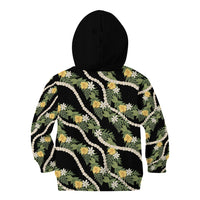 Hawaiian Pikake Maile Lei Kid Hoodie Tiare Hibiscus Kalo Palapalai Leaf Black