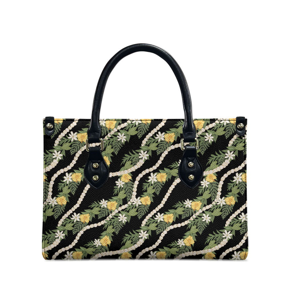 Hawaiian Pikake Maile Lei Leather Bag Tiare Hibiscus Kalo Palapalai Leaf Black LT19 - Polynesian Pride