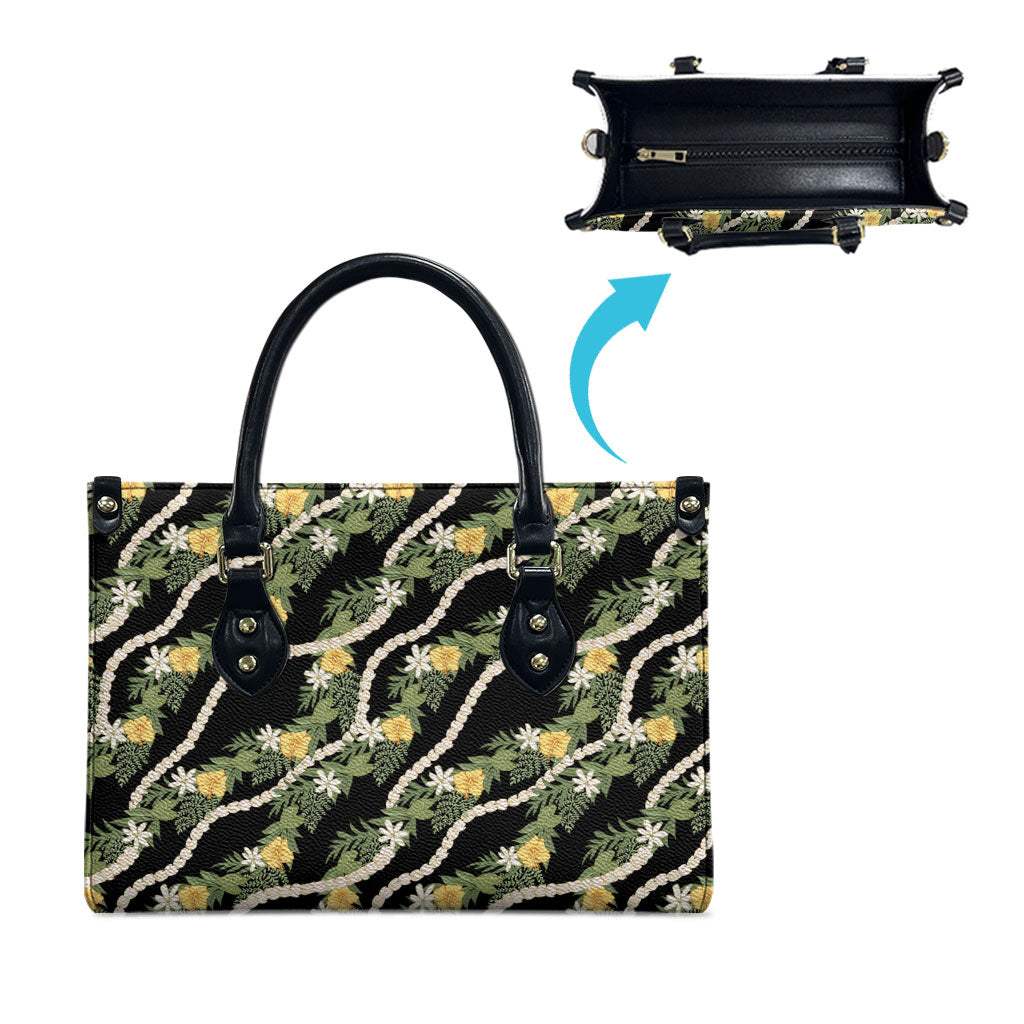 Hawaiian Pikake Maile Lei Leather Bag Tiare Hibiscus Kalo Palapalai Leaf Black LT19 - Polynesian Pride