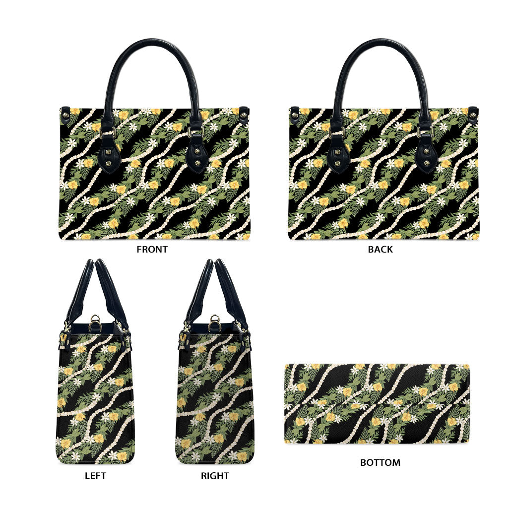 Hawaiian Pikake Maile Lei Leather Bag Tiare Hibiscus Kalo Palapalai Leaf Black LT19 - Polynesian Pride