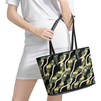 Hawaiian Pikake Maile Lei Leather Tote Bag Tiare Hibiscus Kalo Palapalai Leaf Black