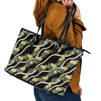 Hawaiian Pikake Maile Lei Leather Tote Bag Tiare Hibiscus Kalo Palapalai Leaf Black