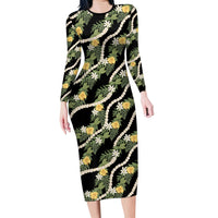 Hawaiian Pikake Maile Lei Long Sleeve Bodycon Dress Tiare Hibiscus Kalo Palapalai Leaf Black LT19 Long Dress Black - Polynesian Pride
