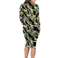 Hawaiian Pikake Maile Lei Long Sleeve Bodycon Dress Tiare Hibiscus Kalo Palapalai Leaf Black LT19 - Polynesian Pride