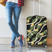 Hawaiian Pikake Maile Lei Luggage Cover Tiare Hibiscus Kalo Palapalai Leaf Black