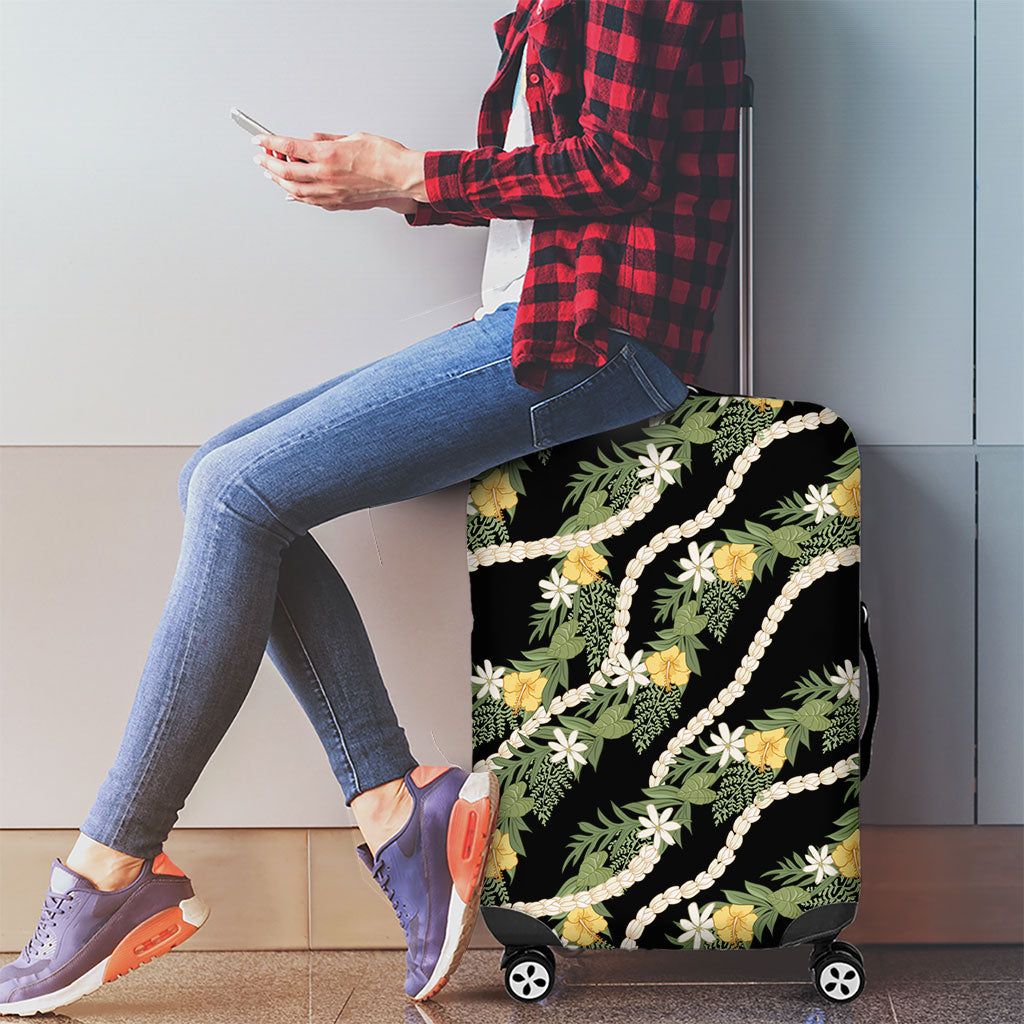 Hawaiian Pikake Maile Lei Luggage Cover Tiare Hibiscus Kalo Palapalai Leaf Black