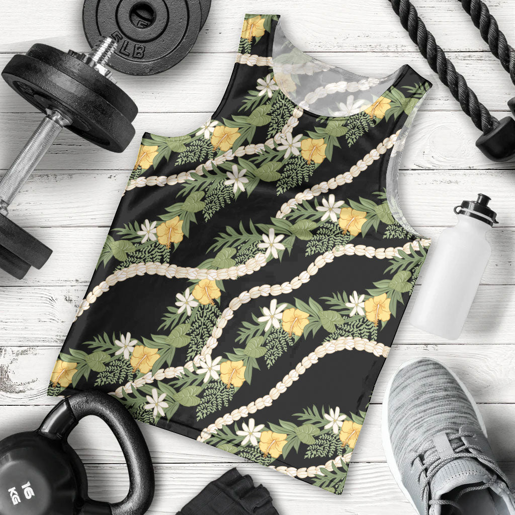 Hawaiian Pikake Maile Lei Men Tank Top Tiare Hibiscus Kalo Palapalai Leaf Black