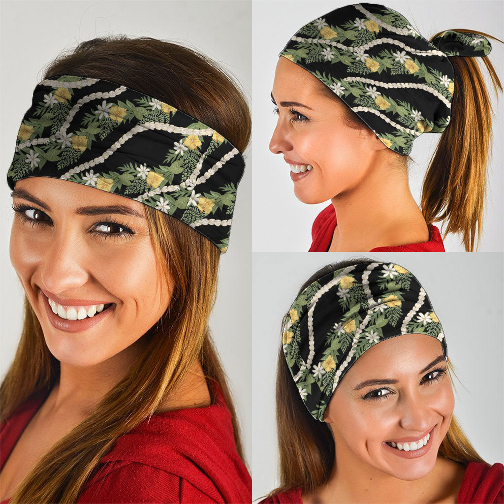 Hawaiian Pikake Maile Lei Neck Gaiter Tiare Hibiscus Kalo Palapalai Leaf Black LT19 - Polynesian Pride