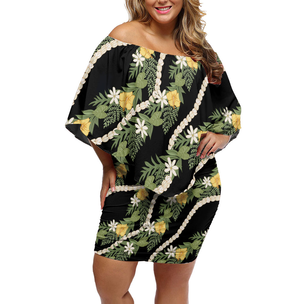 Hawaiian Pikake Maile Lei Off Shoulder Short Dress Tiare Hibiscus Kalo Palapalai Leaf Black